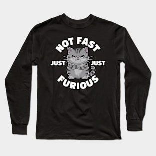 The image features a grumpy-looking cat with the text “NOT FAST JUST FURIOUS” surrounding it (3) Long Sleeve T-Shirt